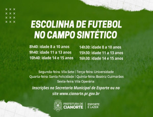 Secretaria de esporte abre inscrições para escolinha de futebol em campo sintético
