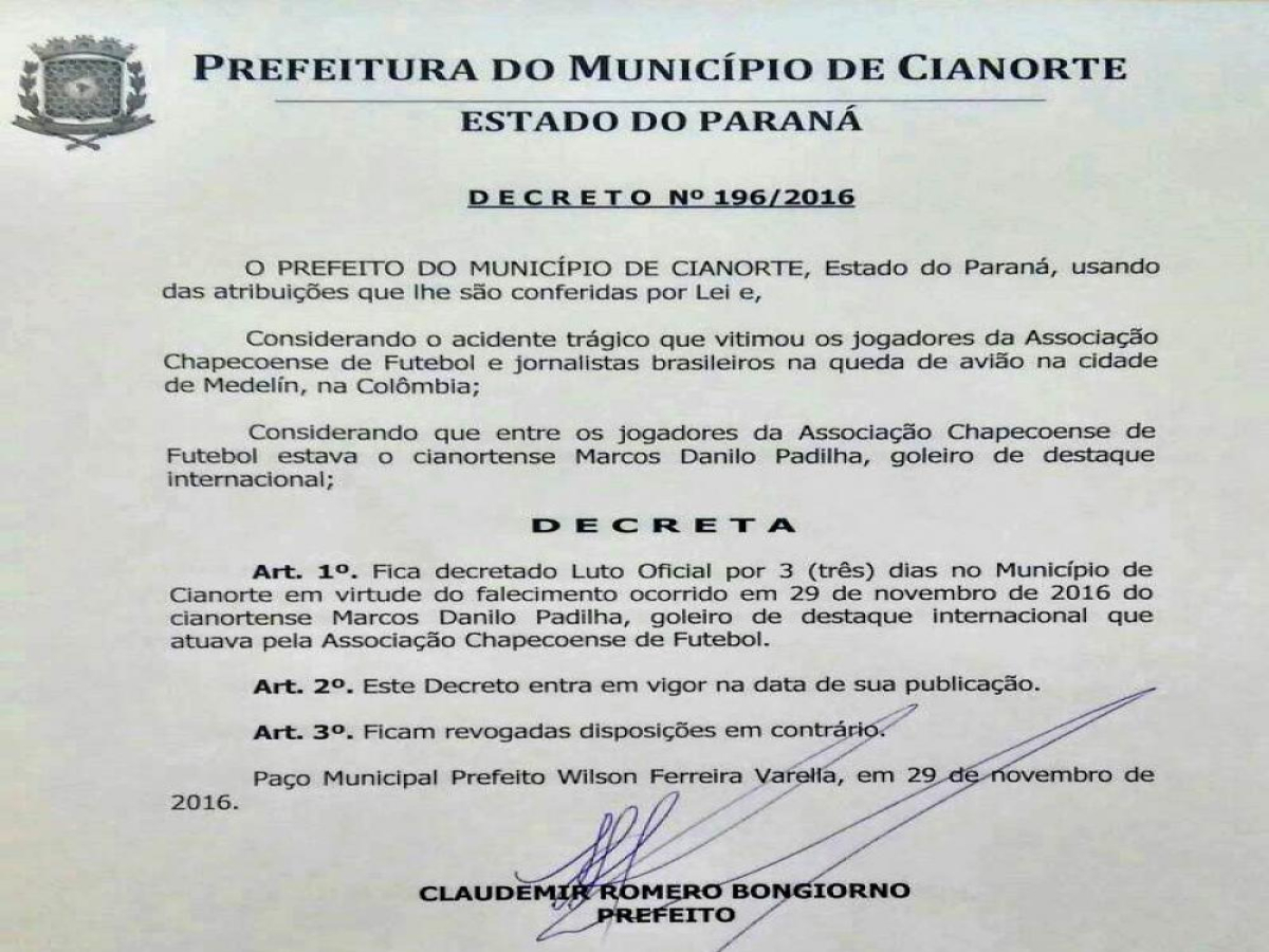 Prefeitura de Cianorte divulga nota se solidarizando com familiares do goleiro Danilo
